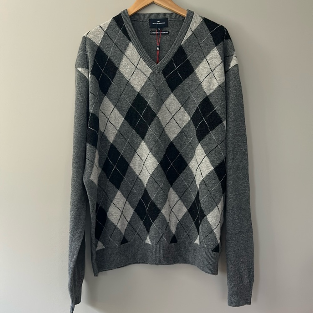Blue Harbour 100%‎ Pure Extra Fine Lambswool V-Neck Argyle Sweater Sz XXL Gray
